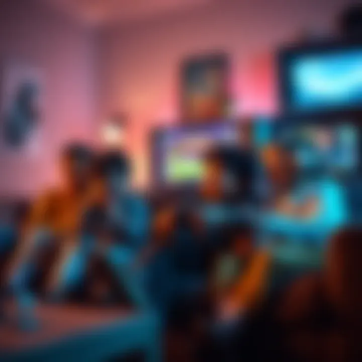 A group of children sitting on a couch, laughing and playing video games together in a cozy living room setting.