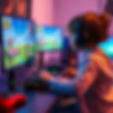 A young child playing a colorful battle royale game on a computer, practicing mouse and keyboard skills against friendly bots, with a bright and engaging game interface.