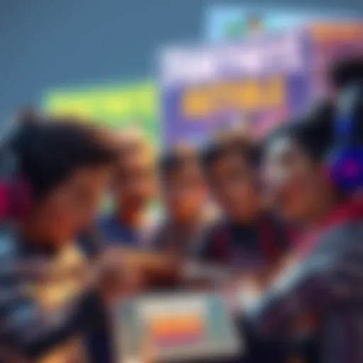 Kids debating Fortnite elections A group of Brazilian children intensely discussing Fortnite elections with game posters around them, showing expressions of excitement and concern over V-Bucks inflation.