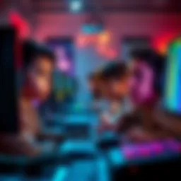 A group of kids gaming on computers during late night hours, showing intense expressions and colorful screens, highlighting a toxic online environment.