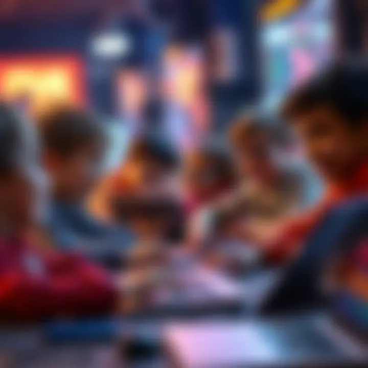 A group of children engaged in coding games on laptops, smiling and having fun while learning.