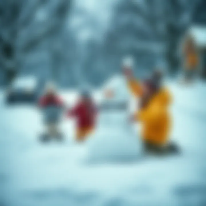 Kids playing in the snow Children making a snowman and having a snowball fight on a snowy day