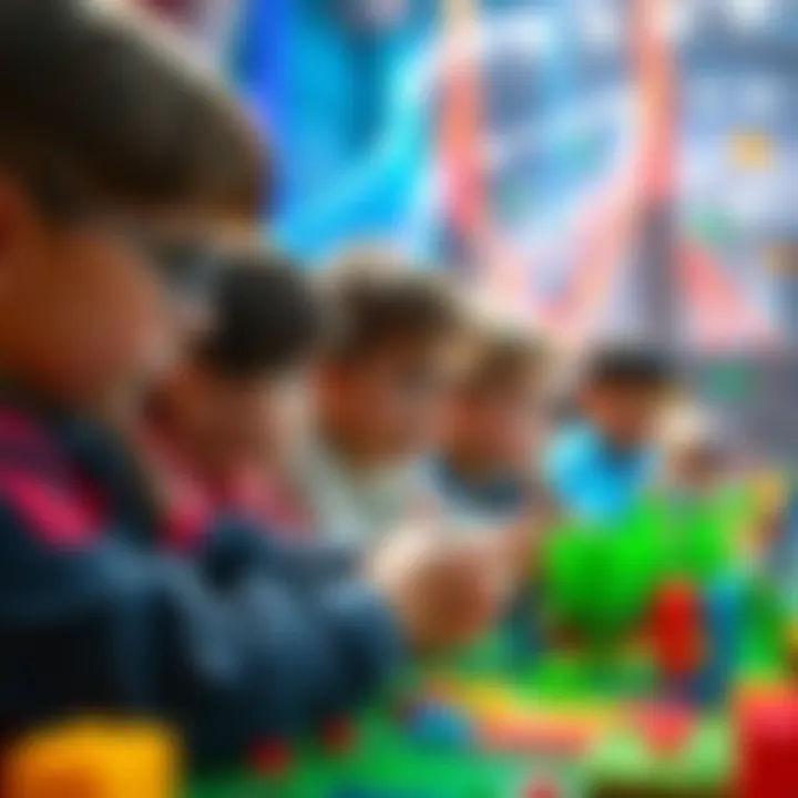 A group of children engaged in playing Minecraft, building structures in a colorful digital world.