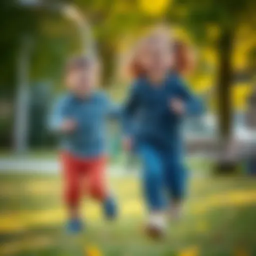 A boy and a girl happily playing in the park, enjoying their childhood. They are laughing and running around, showing their sweet personalities as they grow up.