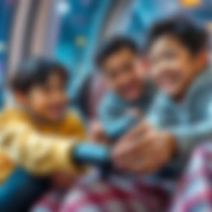 Children enjoying a multiplayer PS2 game during a family trip, smiling and having fun