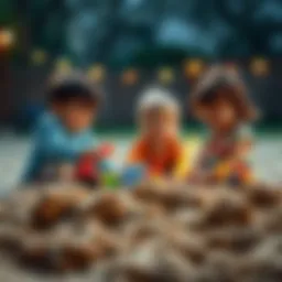 A group of children happily playing in a sandbox, building castles and exploring with toys.