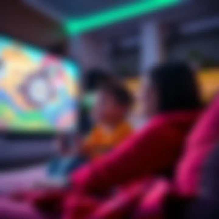 A young child and a parent enjoying a couch co-op side-scrolling video game together, with colorful graphics on the screen