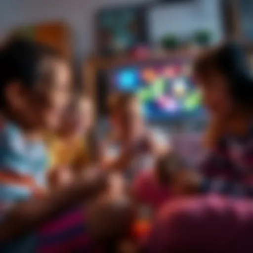 A group of children enjoying fun video games, smiling and playing in a cozy living room, promoting teamwork and engagement