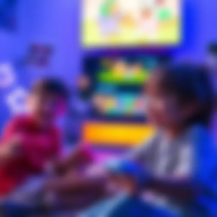 Two young children happily playing video games together with colorful game controllers and a fun screen showing cartoon characters.