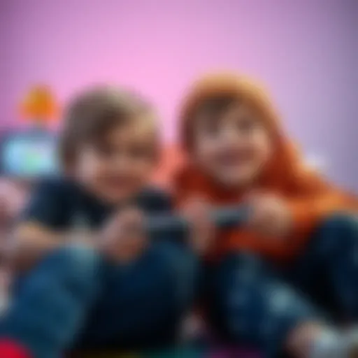 Two children enjoying a fun video game together, smiling while using a game controller, creating a relaxed and friendly atmosphere.