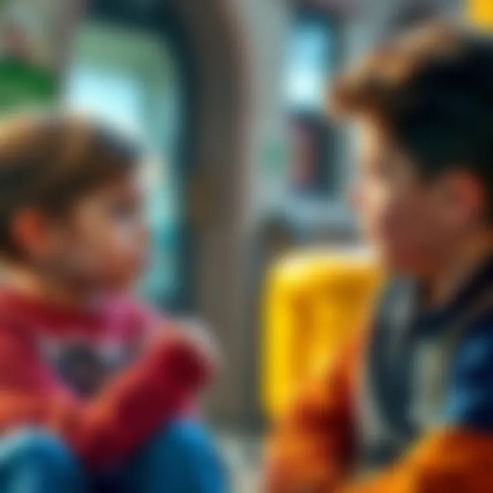 Two kids talking about a girl and a boy, with curious expressions, discussing if they are in a relationship.