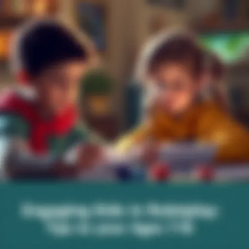 Two children aged 7-10 enthusiastically roleplaying as fantasy characters during a gaming session with dice and character sheets.