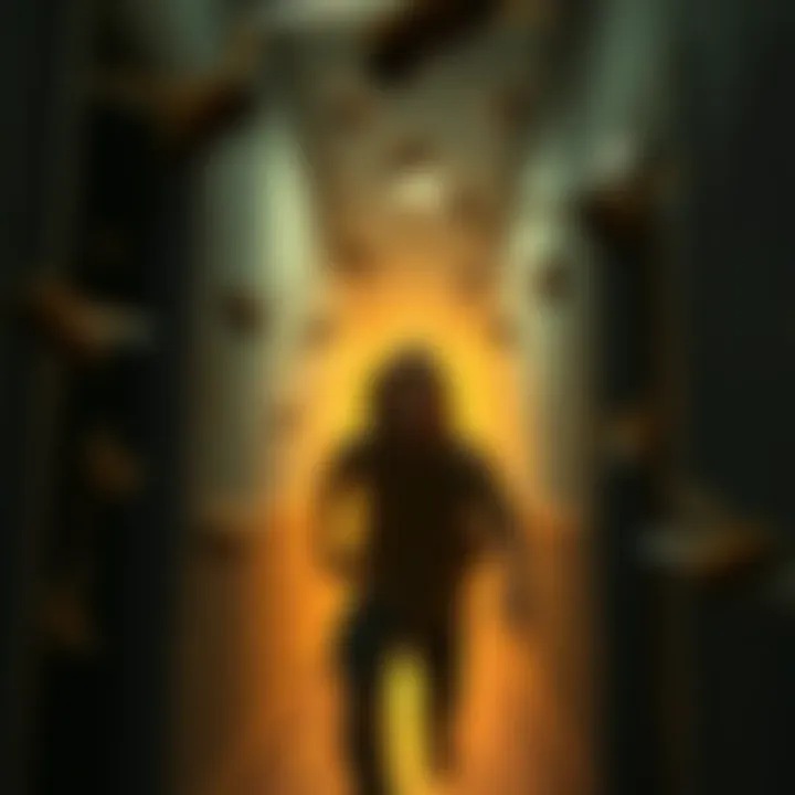A character being chased by a swarm of killer bees in a dimly lit hallway, showing tension and fear.
