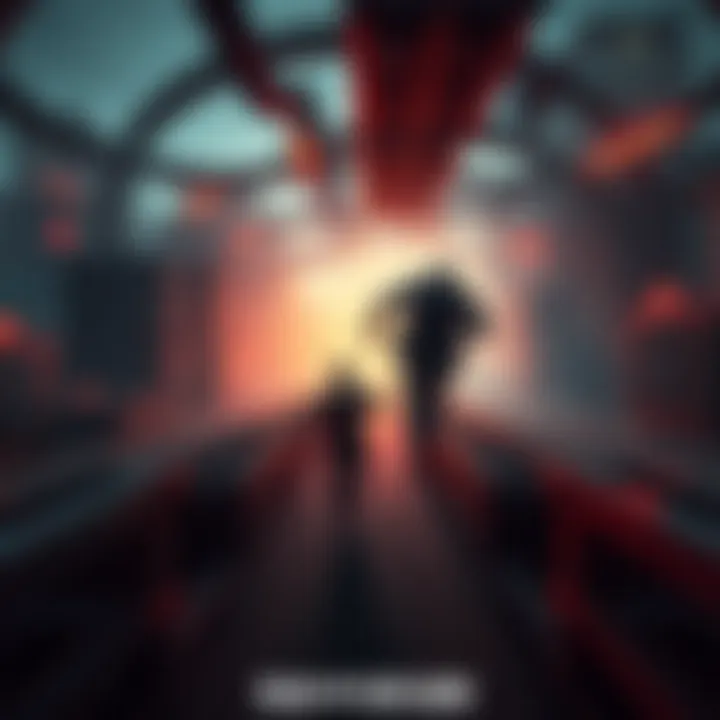 A Killer pursues a Survivor through the complex layout of Badham, showcasing looping structures and pallets during a tense chase.