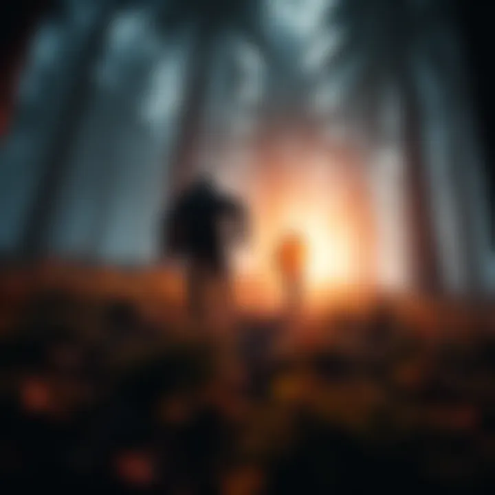 Killer chasing a survivor A game scene showing a killer character running after a survivor in a dark forest setting with obstacles