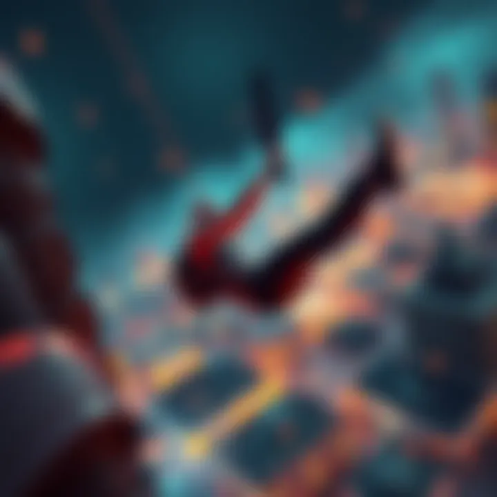 Killer swinging in mid-air A character in a video game swings at the air with a weapon as they fall from a high place