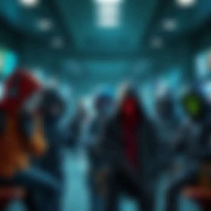 Several killer characters from popular games depicted in a gaming lobby setting, with players discussing their favorites.