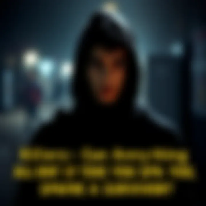 A person with a dark hoodie and a serious expression stands in a shadowy environment, contemplating a choice.