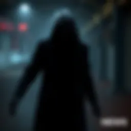 A dark figure representing a killer, blending into the shadows without a visible terror radius, creating an intense atmosphere in a game setting.