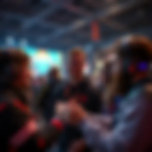 Group of people discussing their experiences at a gaming event, showcasing excitement and interaction