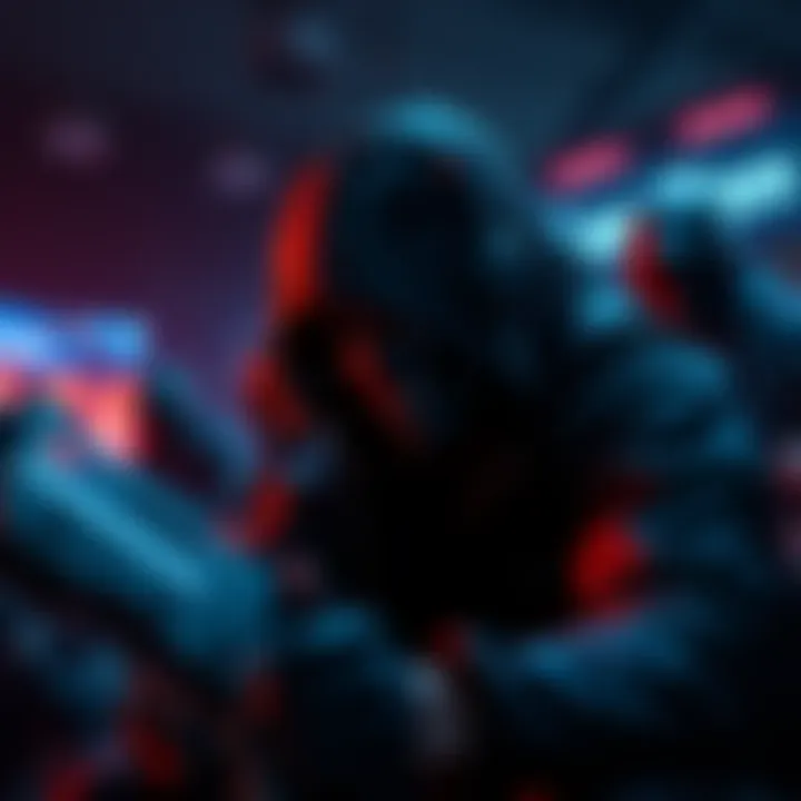 Killer role in gameplay A player in a dark gaming environment portraying the killer character, strategizing while highlighting the tension of the game. Other characters can be seen in the background, indicating a hunt.