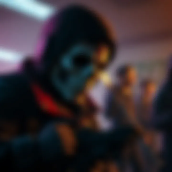 A Killer character in a tense moment, facing problems in a match with Survivors nearby