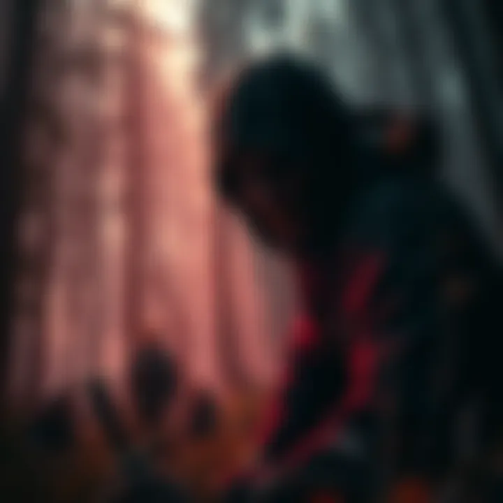 Killer in a Survival Game A menacing killer character lurking in a dark forest, observing survivors strategizing in the background.