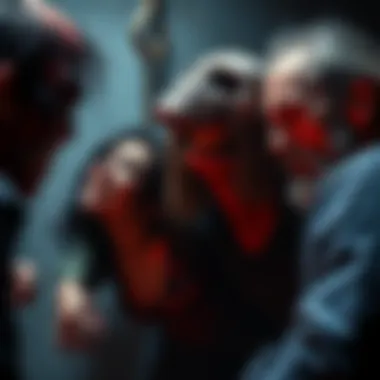 A tense scene showing a killer near a survivor on a hook, reflecting various emotions like rage and indifference.