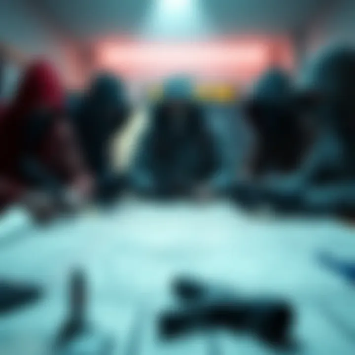 A group of various killers strategizing their plans with tools and maps on a table.