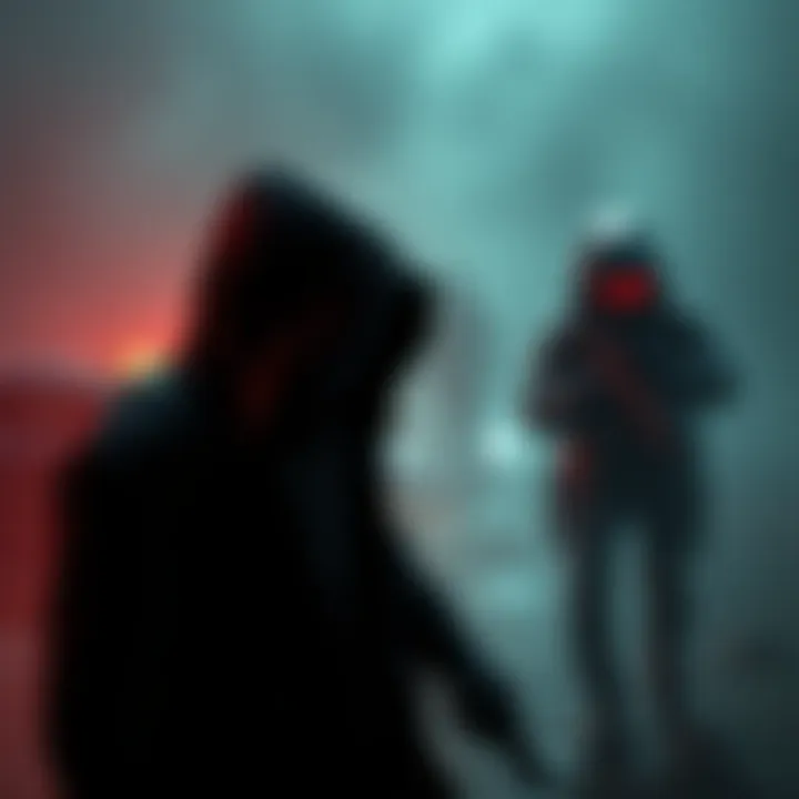 Balance between killers and survivors A depiction of a game scene showing a killer lurking in the shadows while survivors strategize in the background, highlighting the tension between roles.