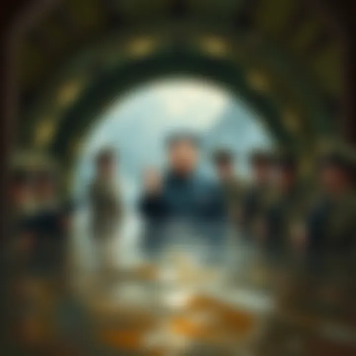 A painting showing Kim Jong Il and soldiers in a flooded tunnel, illustrating a moment of struggle and unity during a challenging time in North Korea.