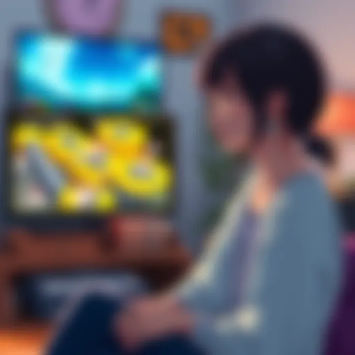 Kimiko pondering her decision Kimiko looks thoughtfully at a gaming screen showing Save the World, reflecting on her choices in a cozy room.