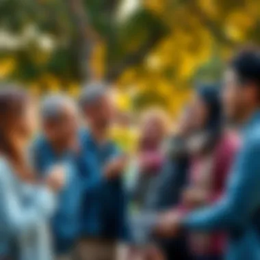 A group of people smiling and exchanging positive messages about a friend in a park