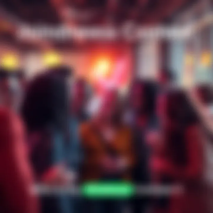 A diverse group of people sharing smiles and discussing kindness with each other in a lively setting.