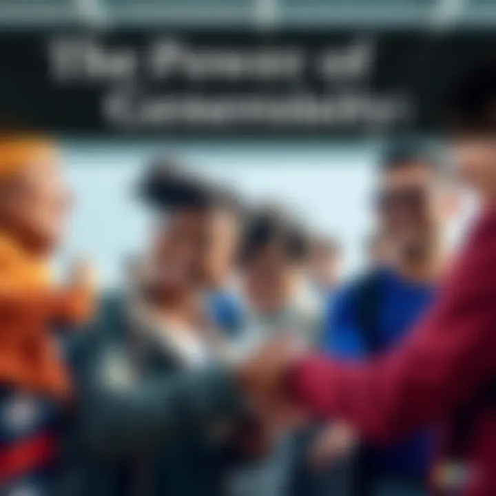 A diverse group of people smiling and helping each other in a community setting