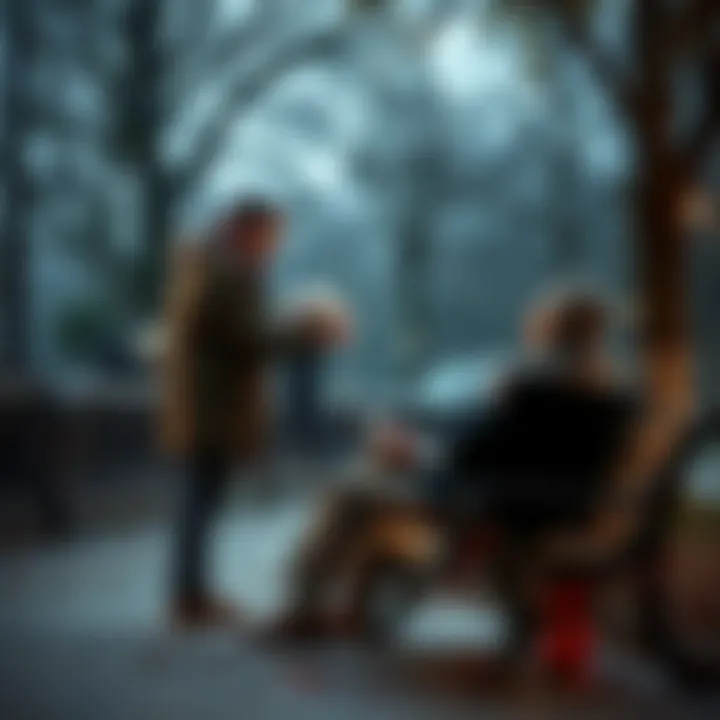 A person offers food and comfort to someone sitting alone on a park bench, highlighting kindness in a moment of greed.