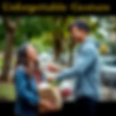 A person smiling while helping another person with groceries in a park