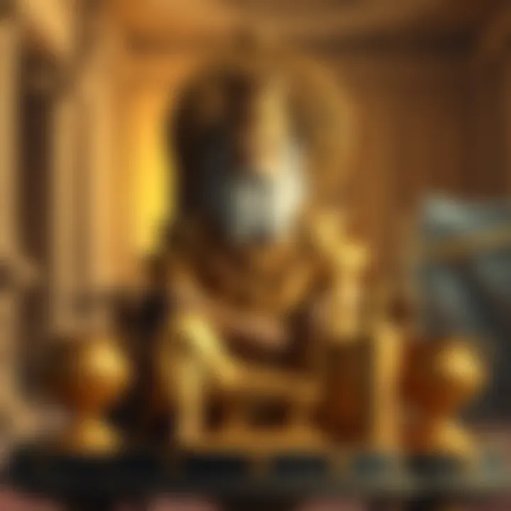 A depiction of King Midas sitting on a throne, surrounded by gold objects, symbolizing his ability to turn things to gold.