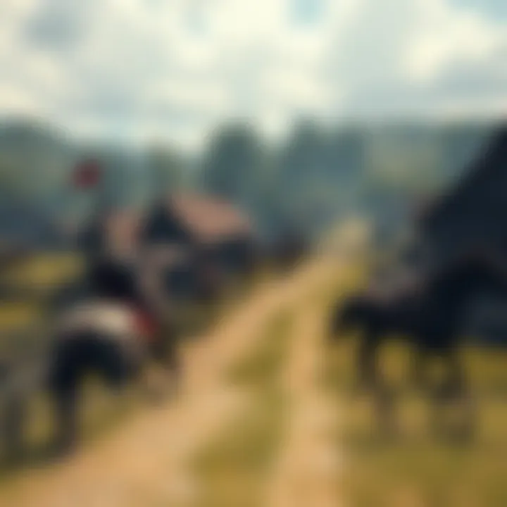 Kingdom Come: Deliverance game scene A medieval village scene from Kingdom Come: Deliverance showing characters in period clothing and horses in a lush landscape.