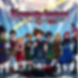 A group of characters from the Kingdom Hearts series standing together, showcasing their unique designs and outfits, with a backdrop hinting at a fantastical world.