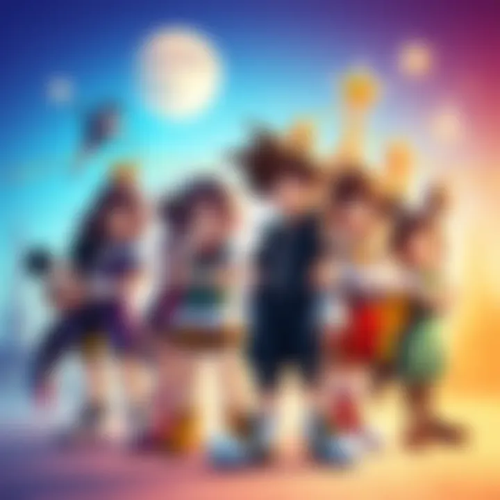 An illustration of characters from the Kingdom Hearts series standing together against a colorful background featuring Disney elements.