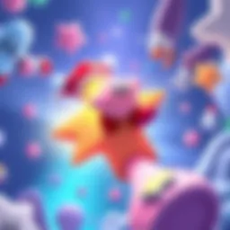 A vibrant scene showcasing Kirby flying through a colorful sky on a star, surrounded by new game features and enhancements