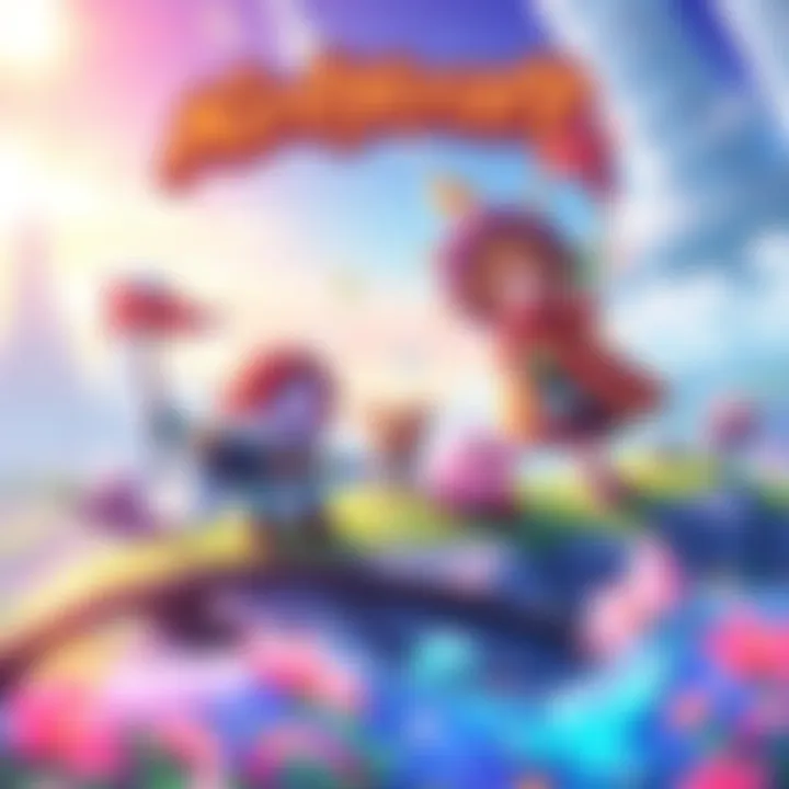 A colorful scene showcasing characters from Kirbycraft: Dawnlight, including Rythian, Kirstie, and Briony, in a vibrant fantasy landscape.