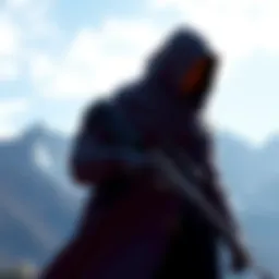 Kiriko's new skin showing a cloaked figure holding a scoped rifle against a mountain backdrop, hinting at a future character.