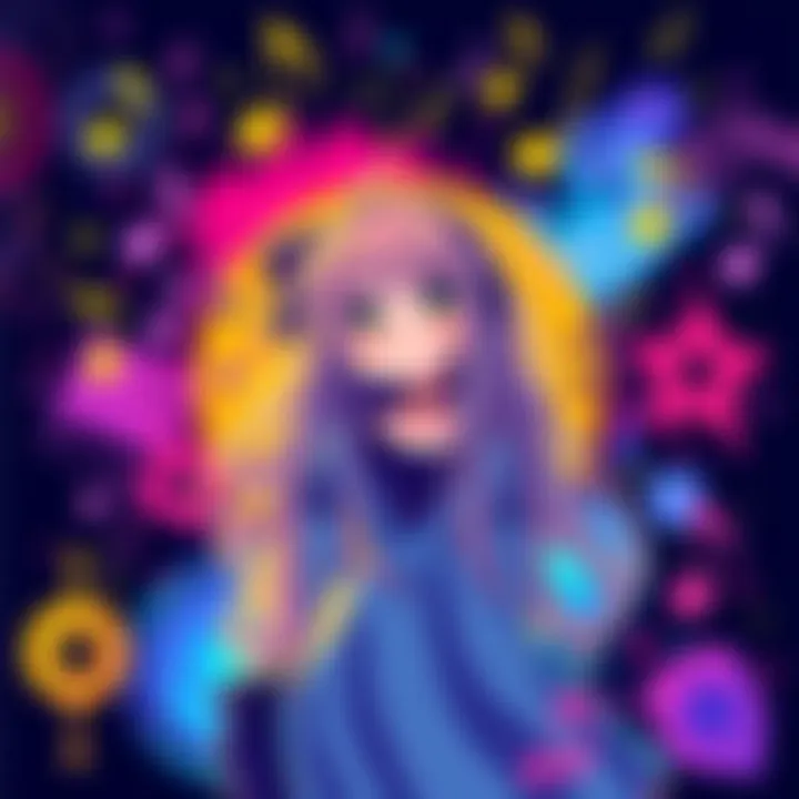 A vibrant illustration featuring music notes and colorful graphics representing the vibe of Kiriko's personality.