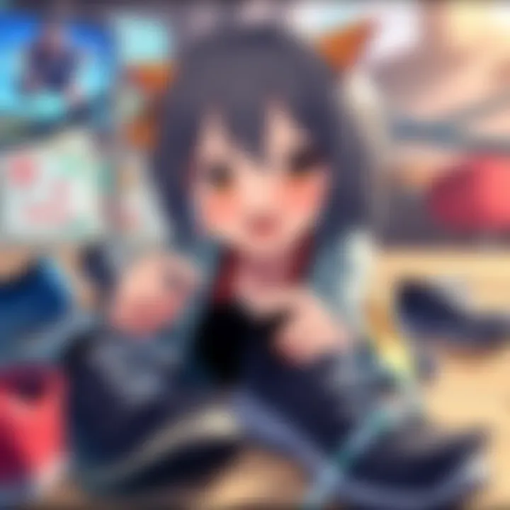 Kiriko searching for a small item stuck in shoes, with a funny expression on their face and shoes scattered around.