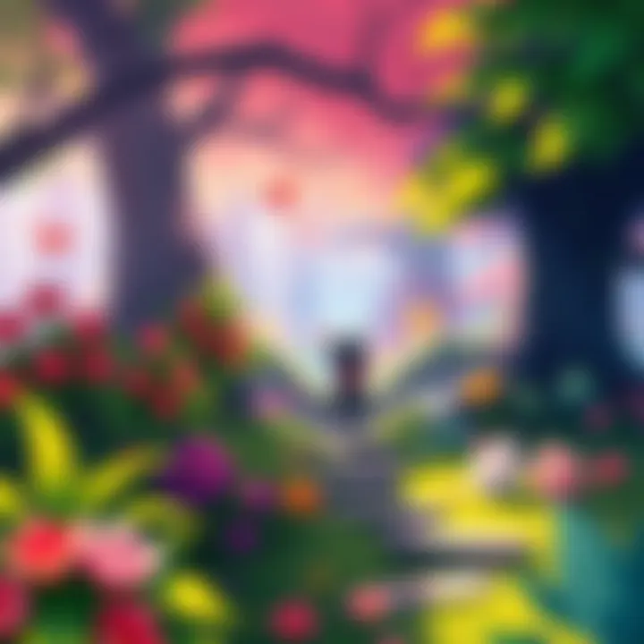 A vibrant scene from Kitsune showing a character exploring a lush forest with colorful plants and playful creatures.