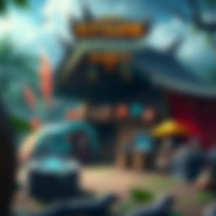A Kitsune Caravan shop with colorful tents and items in the jungle of Smite 2, showing players engaging in strategic shopping, with a destroyed caravan in the background.