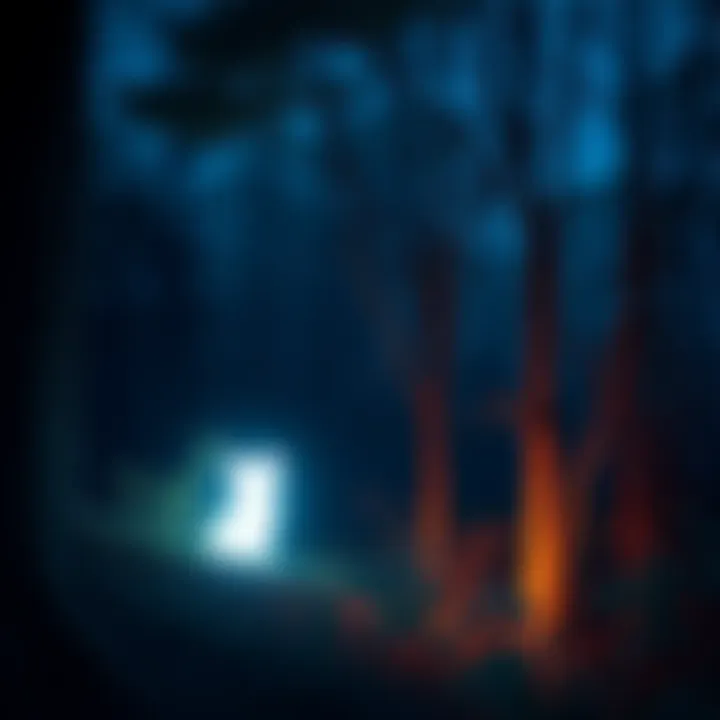 A glowing Kitsunebi appears among trees at night, casting a soft light in the dark surroundings.