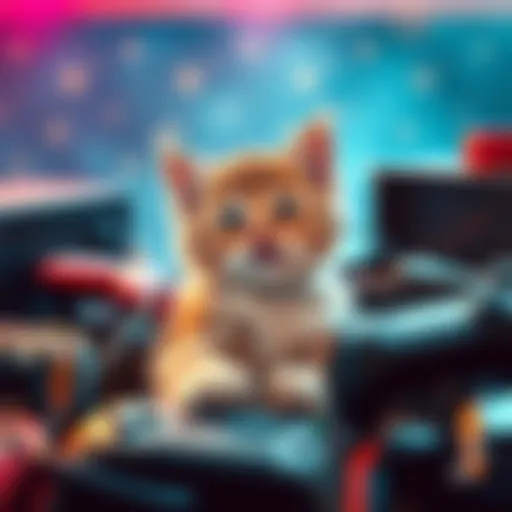 A playful kitten surrounded by various gaming accessories like controllers and game cases